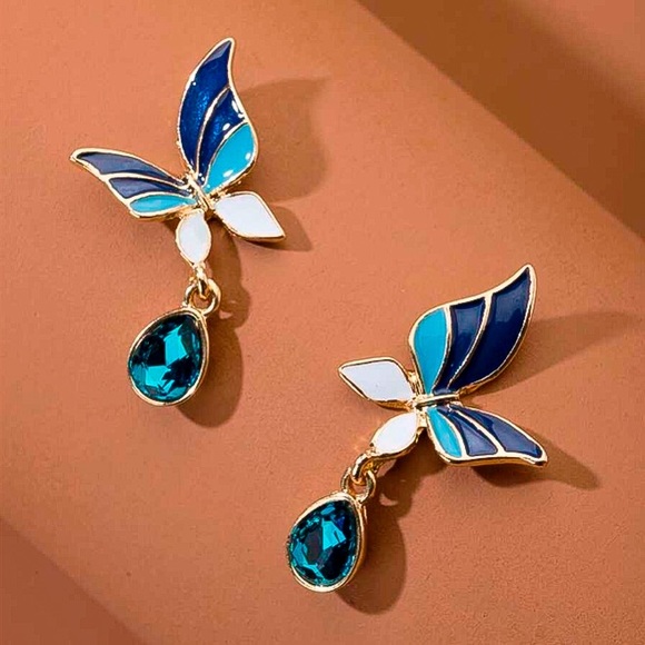 Any 2/$20! Gold/Blue Butterfly Crystal Earrings - Picture 2 of 7